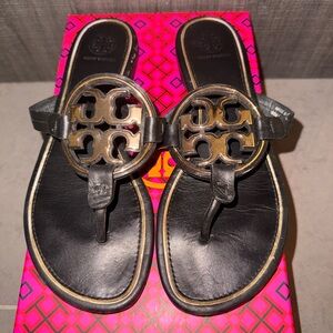 Tory Burch Black and Gold Logo Sandals
